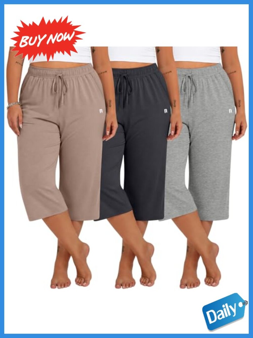 Plus Size Capri Sweatpants 3 Pack Pockets Wide Leg Lounge